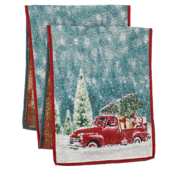 NWT Beautiful Holiday Red Farm Truck Christmas Tapestry Table Runner 70x13 - Picture 4 of 17
